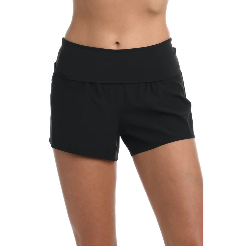 La Blanca Womens Soft Waistband Board Shorts Size L Black Fold Over NWT